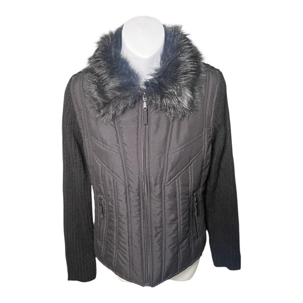 Vintage Y2K 90s Effeci Black Jacket Ribbed Knit Sleeves Faux Fur Collar Sz Small